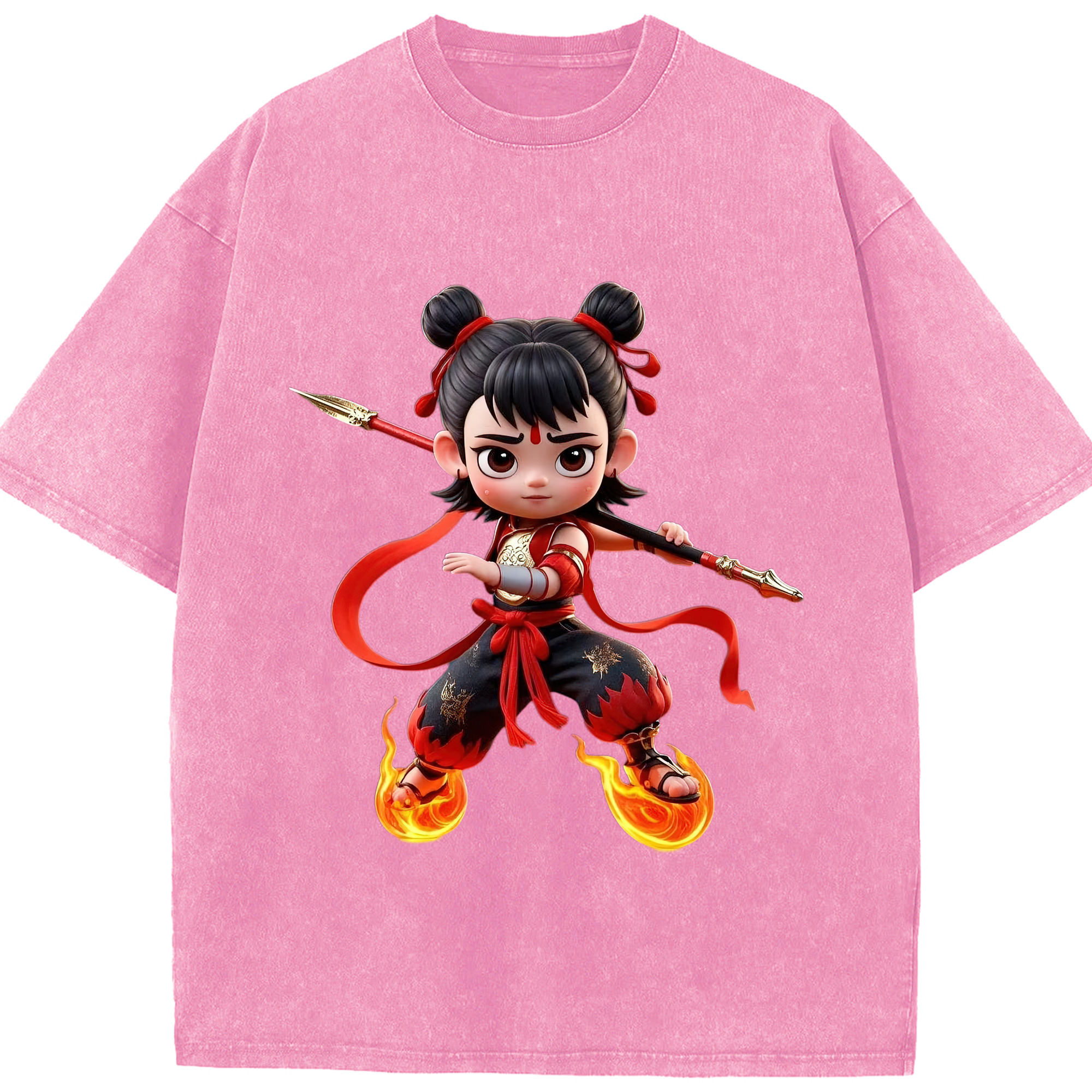 （画像用） Ne Zha 2 ナタ 魔童の大暴れ 綿100% ヴィンテージ風 半袖Tシャツ（フロントプリント）